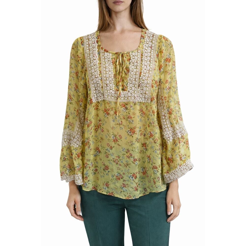 Sundance Sz M Yellow 100% Silk Crochet Detail Boho Tie Neck Blouse  Floral GUC
